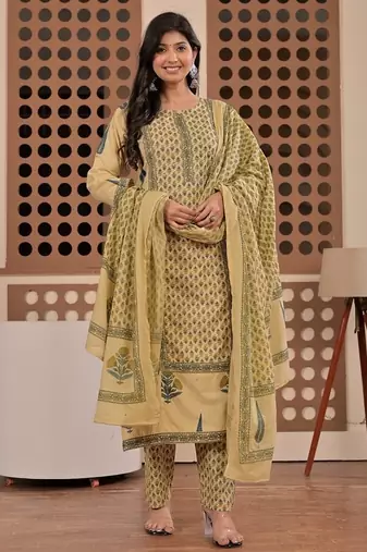 Floral printed pure cotton round neck kurta trouser & dupatta set