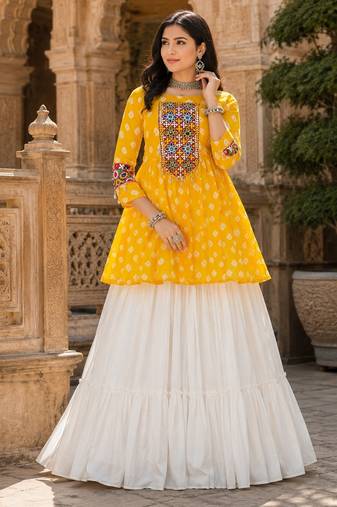 yellow rayon cotton navratri kediya lehenga set- free size