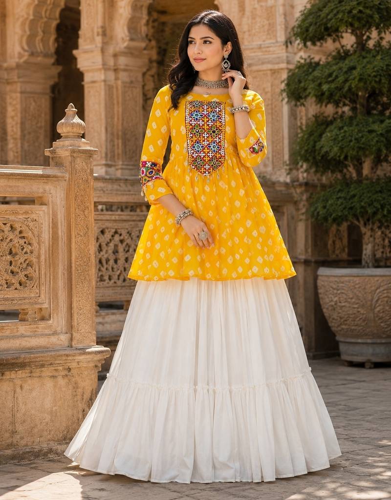 yellow rayon cotton navratri kediya lehenga set- free size