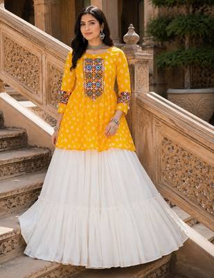 yellow rayon cotton navratri kediya lehenga set- free size 2