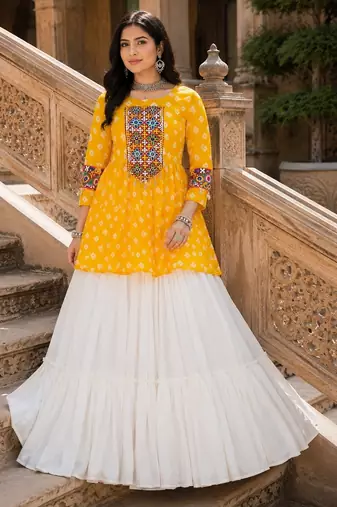 yellow rayon cotton navratri kediya lehenga set- free size