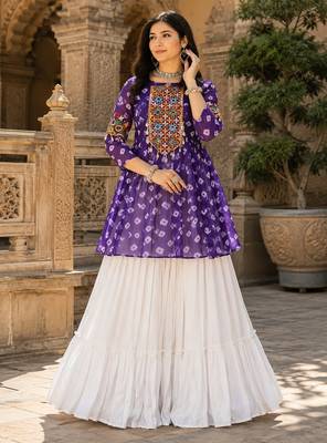 purple rayon cotton navratri kediya lehenga set- free size 1