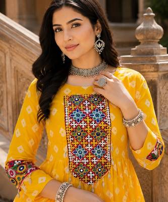 yellow rayon cotton navratri kediya lehenga set- free size 3