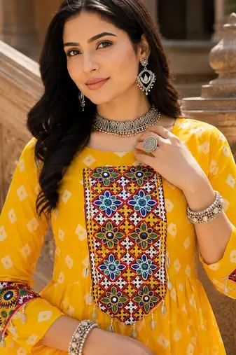 yellow rayon cotton navratri kediya lehenga set- free size