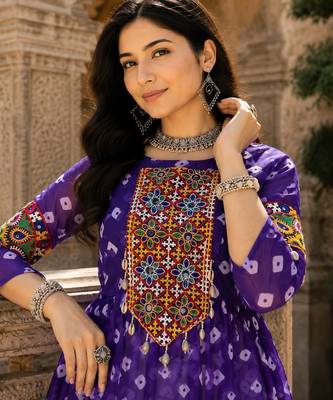purple rayon cotton navratri kediya lehenga set- free size 3