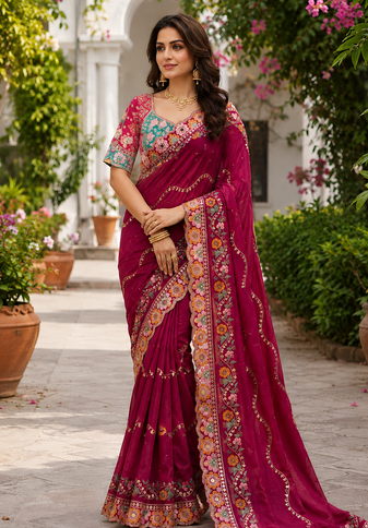 Rani Pink Color Embroidery Coding,Thread Dual Sequence Work And Real Mirror Work And Wedding Wear Saree