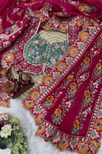 Rani Pink Color Embroidery Coding,Thread Dual Sequence Work And Real Mirror Work And Wedding Wear Saree