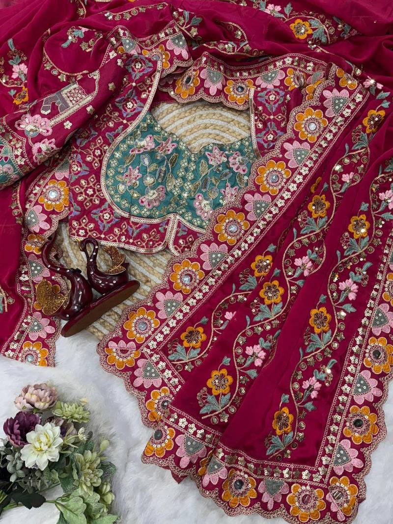 Rani Pink Color Embroidery Coding,Thread Dual Sequence Work And Real Mirror Work And Wedding Wear Saree