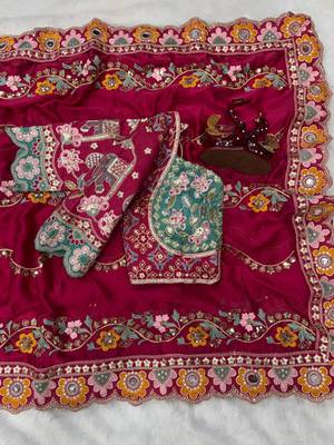 Rani Pink Color Embroidery Coding,Thread Dual Sequence Work And Real Mirror Work And Wedding Wear Saree 3