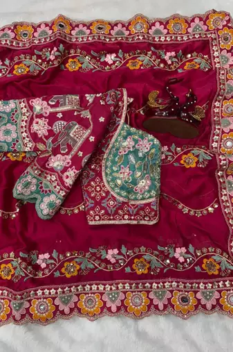 Rani Pink Color Embroidery Coding,Thread Dual Sequence Work And Real Mirror Work And Wedding Wear Saree