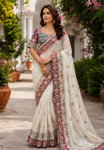 White Color Embroidery Coding,Thread Dual Sequence Work And Real Mirror Work And Wedding Wear Saree
