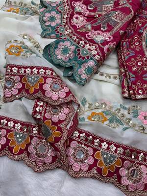 White Color Embroidery Coding,Thread Dual Sequence Work And Real Mirror Work And Wedding Wear Saree 2