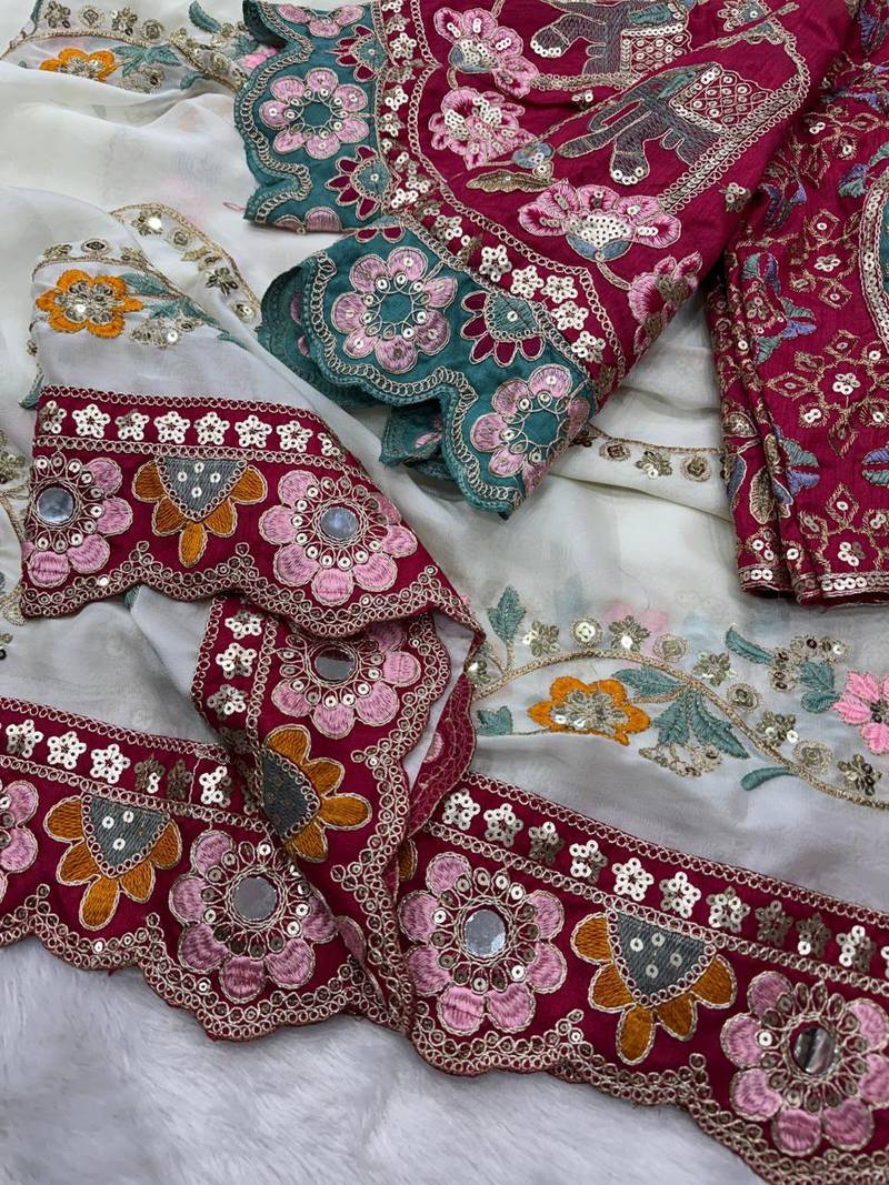 White Color Embroidery Coding,Thread Dual Sequence Work And Real Mirror Work And Wedding Wear Saree