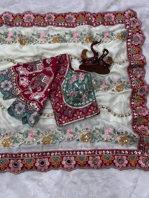 White Color Embroidery Coding,Thread Dual Sequence Work And Real Mirror Work And Wedding Wear Saree 3