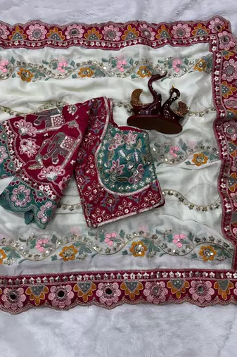 White Color Embroidery Coding,Thread Dual Sequence Work And Real Mirror Work And Wedding Wear Saree