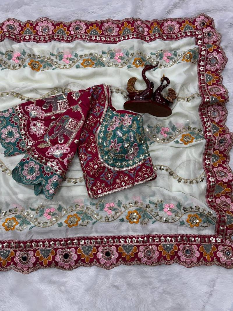 White Color Embroidery Coding,Thread Dual Sequence Work And Real Mirror Work And Wedding Wear Saree