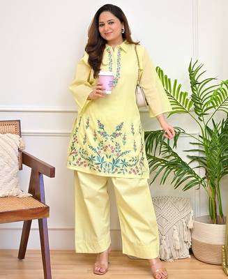 Floral embroidered pure cotton collar neck  co-ord set 1