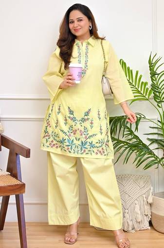Floral embroidered pure cotton collar neck  co-ord set