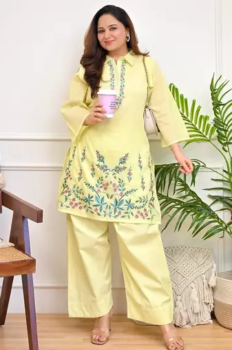 Floral embroidered pure cotton collar neck  co-ord set