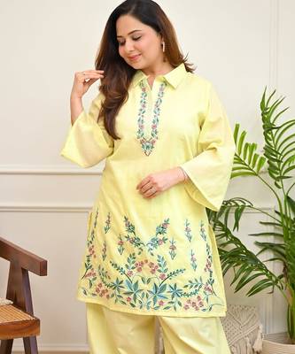 Floral embroidered pure cotton collar neck  co-ord set 2