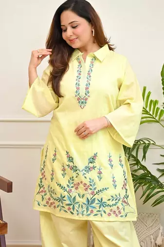 Floral embroidered pure cotton collar neck  co-ord set