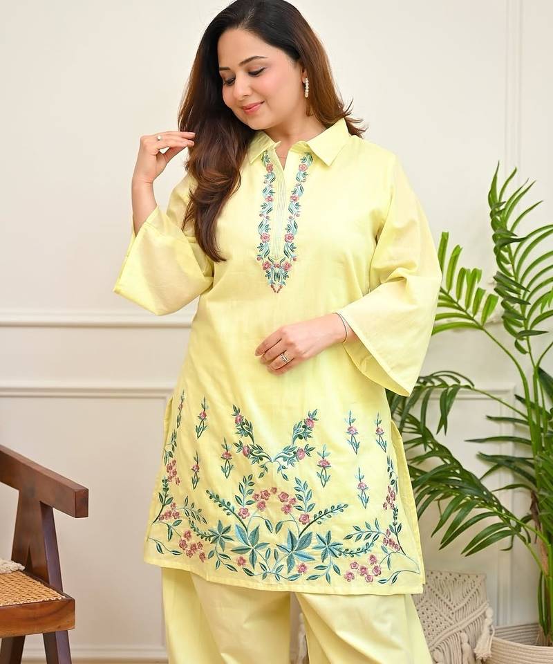 Floral embroidered pure cotton collar neck  co-ord set