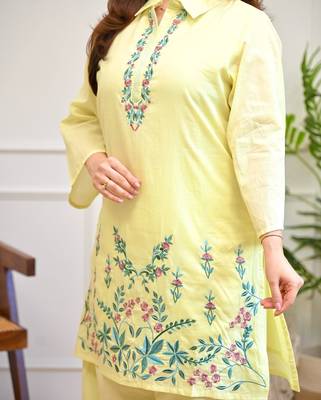 Floral embroidered pure cotton collar neck  co-ord set 3