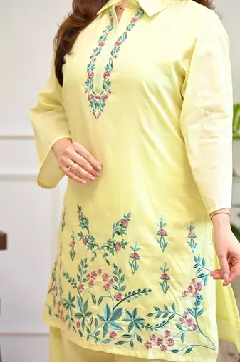 Floral embroidered pure cotton collar neck  co-ord set