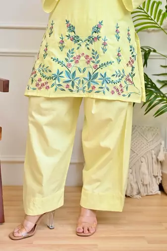 Floral embroidered pure cotton collar neck  co-ord set