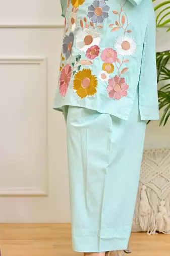 Floral embroidered pure cotton v neck co-ord set