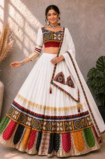 off-white heritage navratri lehenga choli with festive multi- patchwork border- free size