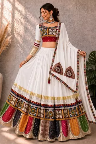off-white heritage navratri lehenga choli with festive multi- patchwork border- free size