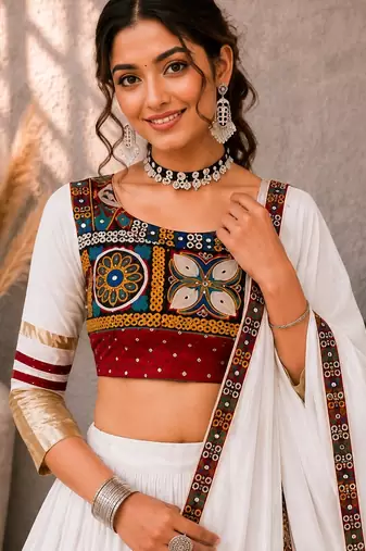 off-white heritage navratri lehenga choli with festive multi- patchwork border- free size