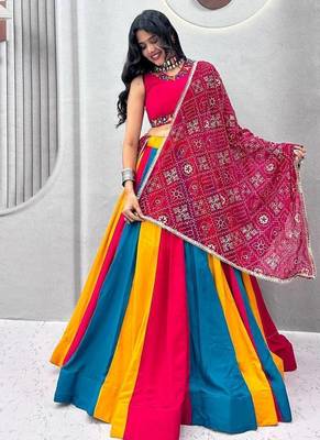 Multi Miror work Embroidery sequin thread work Cotton Lehenga Choli Set 1