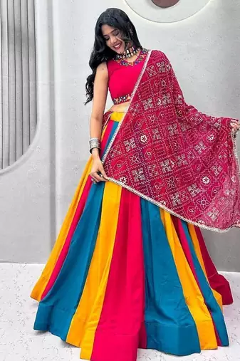 Multi Miror work Embroidery sequin thread work Cotton Lehenga Choli Set