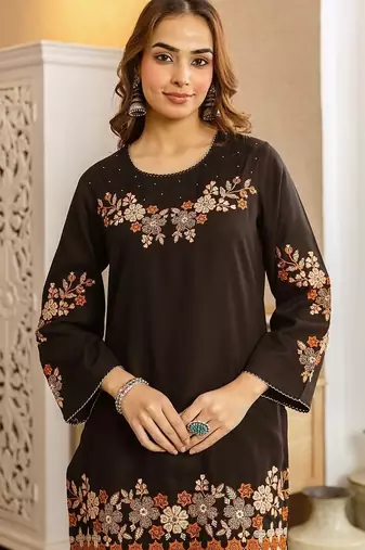 Floral embroidered pure cotton round neck co-ord set