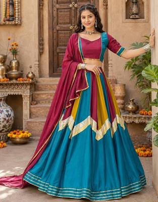 multi fully stitched ethnic women chinon lehenga sets- free size 2