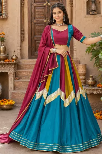 multi fully stitched ethnic women chinon lehenga sets- free size
