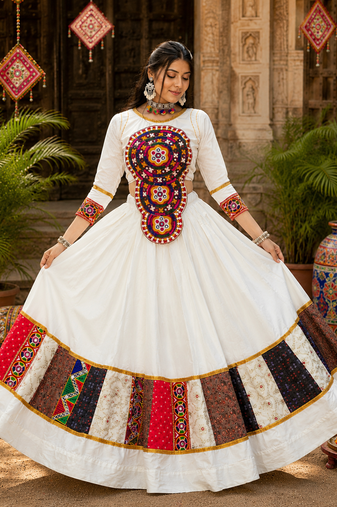 navratri collection off-white flared lehenga-long sleeve mirror-work blouse 2-piece set- free size