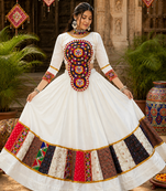 navratri collection off-white flared lehenga-long sleeve mirror-work blouse 2-piece set- free size