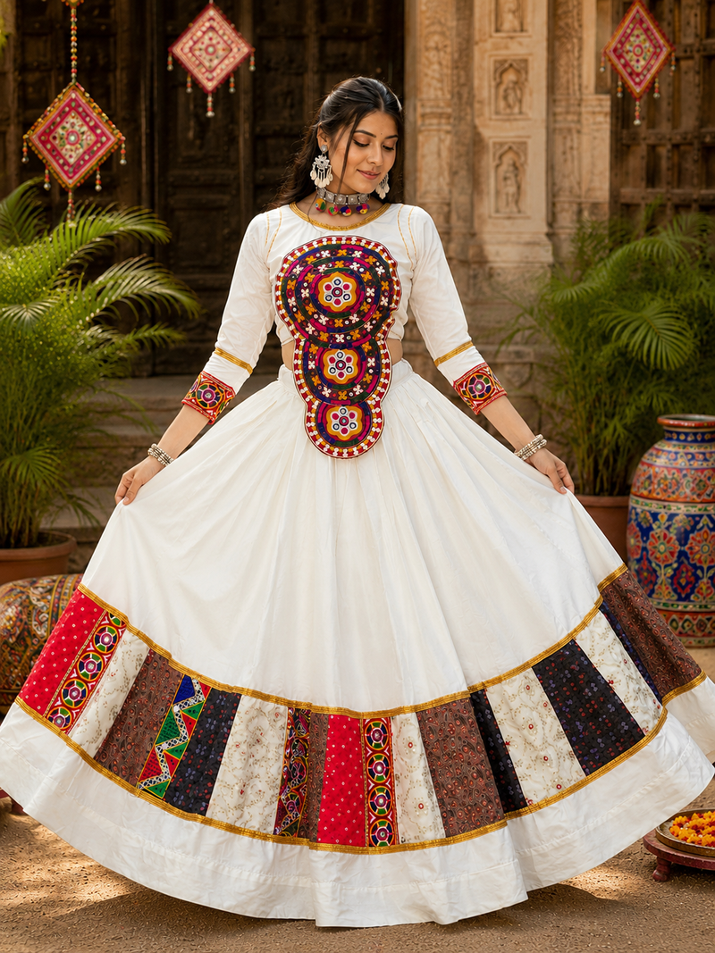navratri collection off-white flared lehenga-long sleeve mirror-work blouse 2-piece set- free size