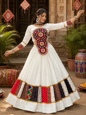 navratri collection off-white flared lehenga-long sleeve mirror-work blouse 2-piece set- free size 2