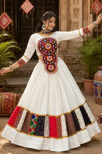 navratri collection off-white flared lehenga-long sleeve mirror-work blouse 2-piece set- free size