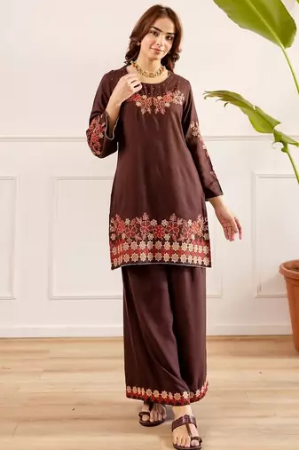 Floral embroidered pure cotton round neck co-ord set