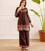 Floral embroidered pure cotton round neck co-ord set
