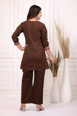 Floral embroidered pure cotton round neck co-ord set 2