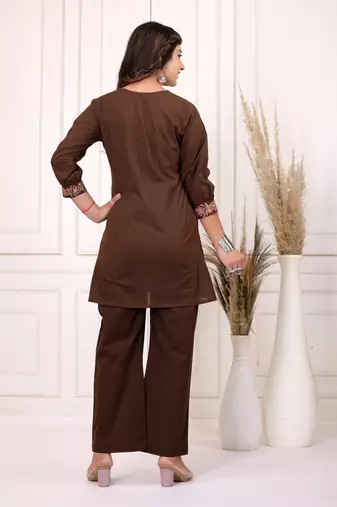 Floral embroidered pure cotton round neck co-ord set