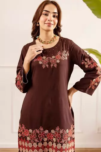 Floral embroidered pure cotton round neck co-ord set