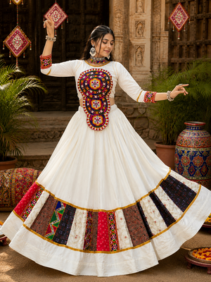 navratri collection off-white flared lehenga-long sleeve mirror-work blouse 2-piece set- free size 3