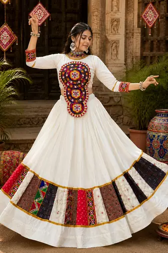 navratri collection off-white flared lehenga-long sleeve mirror-work blouse 2-piece set- free size